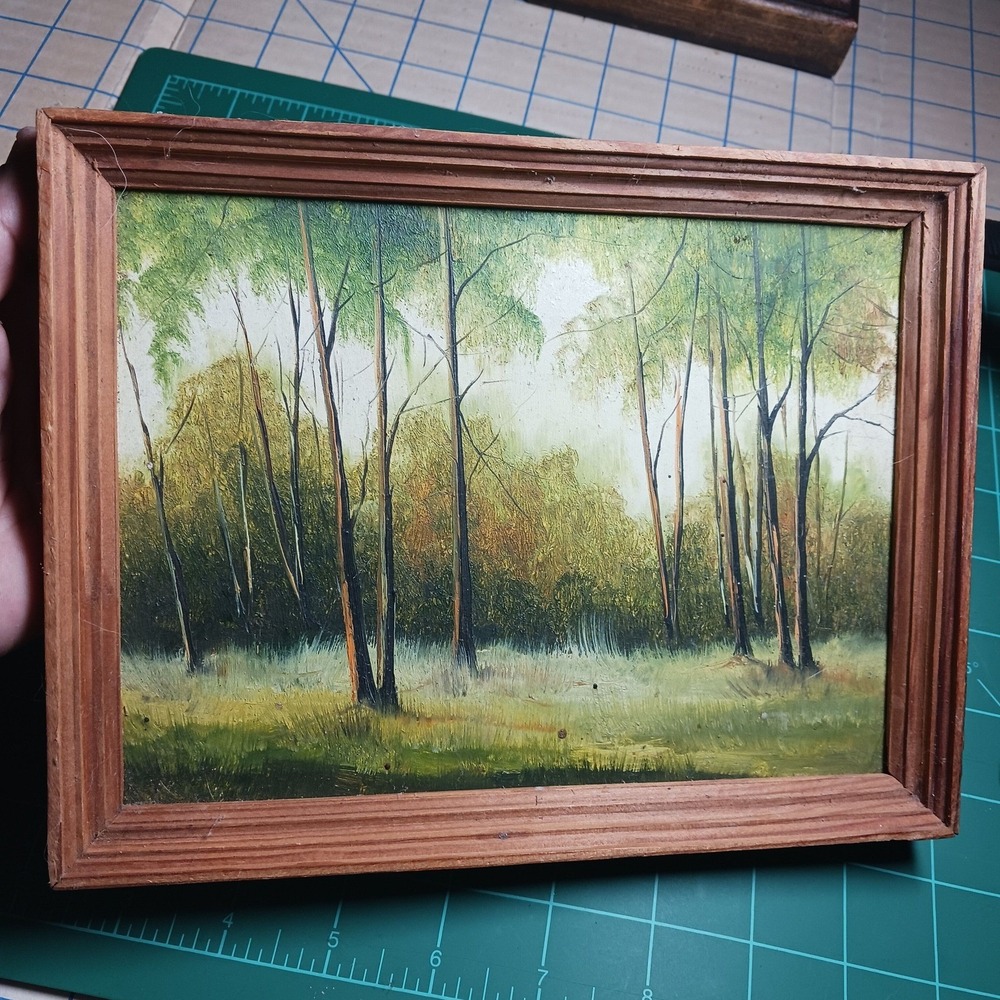 456. VTG 9" x 7" Forest Landscape framed original painting on board signed dated